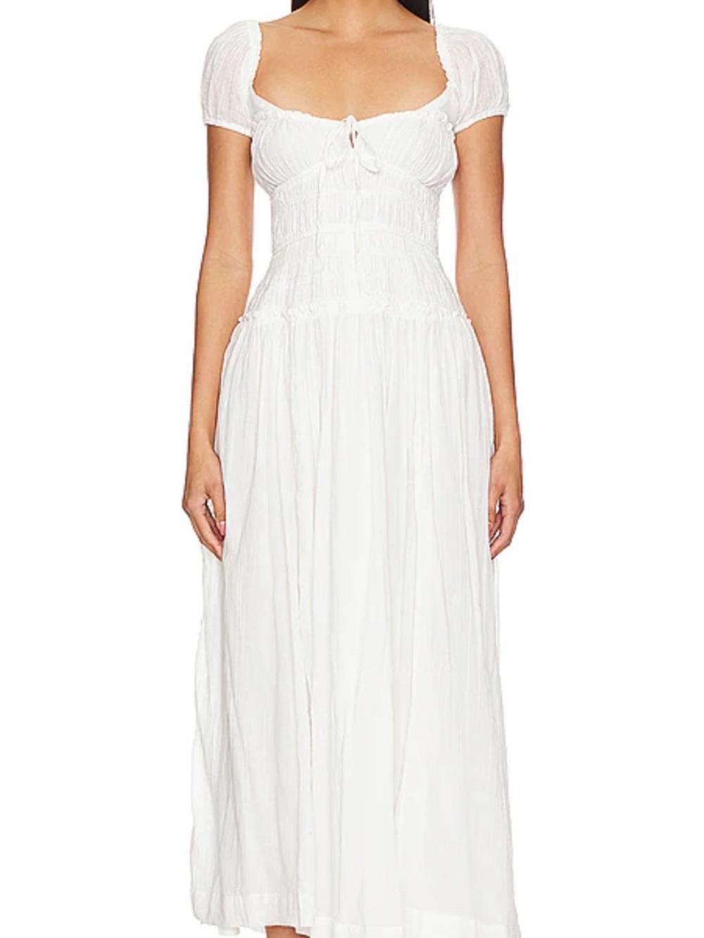Free People White Smocked Midi Dress with Puff Sleeves